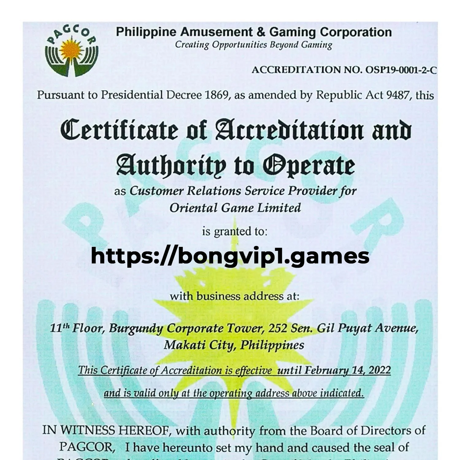 Website bongvip1.games được tổ chức PAGCOR cấp phép