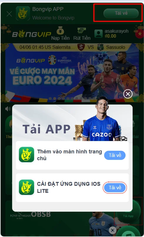 Chọn tải App và phiên bản phù hợp để Download BONGVIP